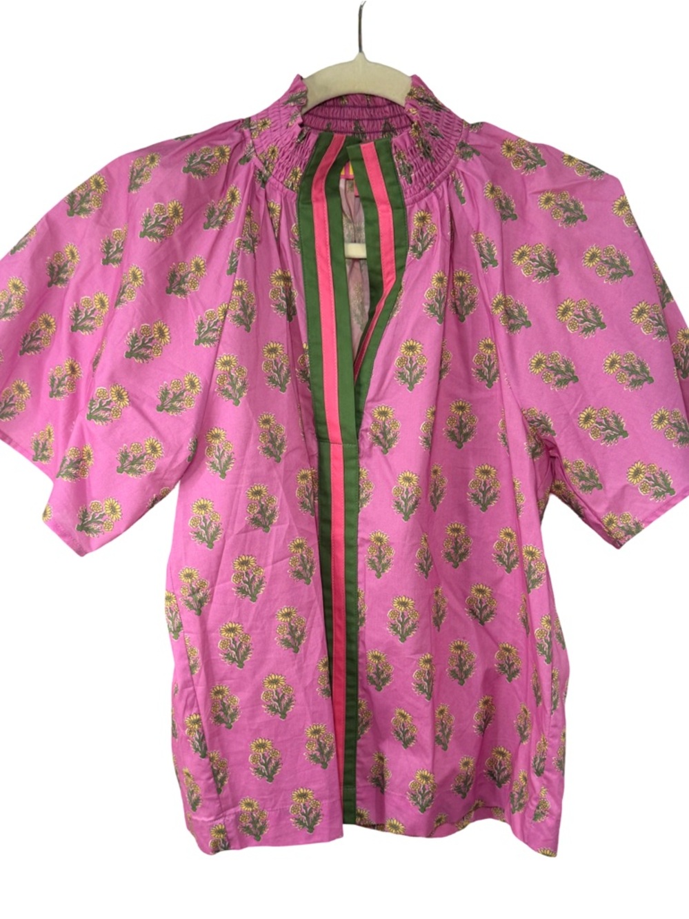 THML Pink Floral Blouse with Green and Gold Trim boho colorful embroidered